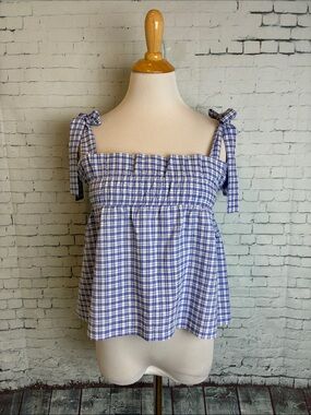 English Laundry Blue & White Checked Tie-sleeve Sleeve Top Sz XS Summer Beach